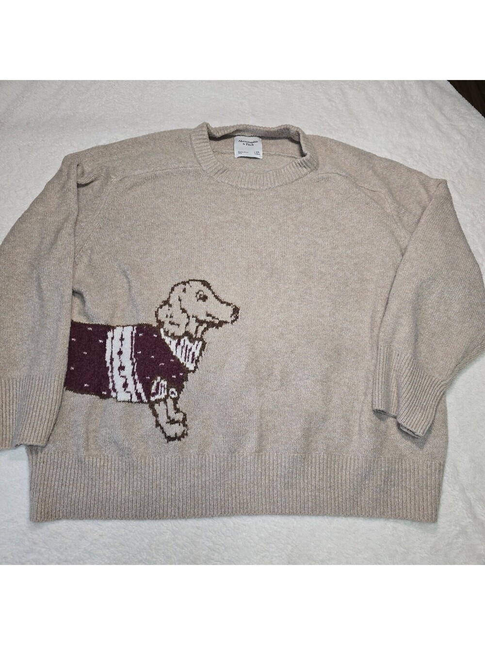 Abercrombie & Fitch Madeline Dachshund Dog Crew Sweater Beige XXL Rare